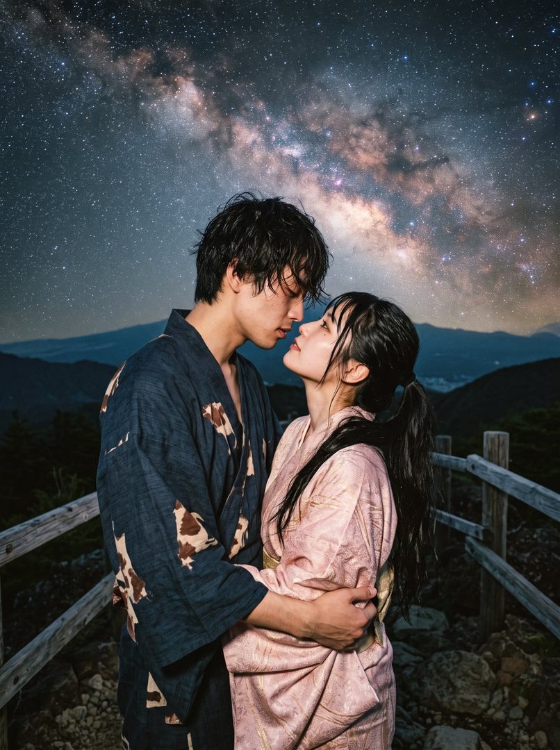A couple in kimonos embracing under a starry night sky with the Milky Way visible.