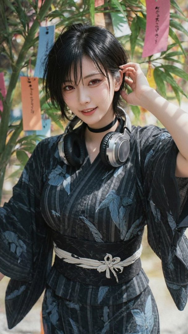 A young woman with short black hair, wearing a dark yukata with a floral pattern and headphones around her neck, poses outdoors near a tree decorated with colorful tanzaku slips.