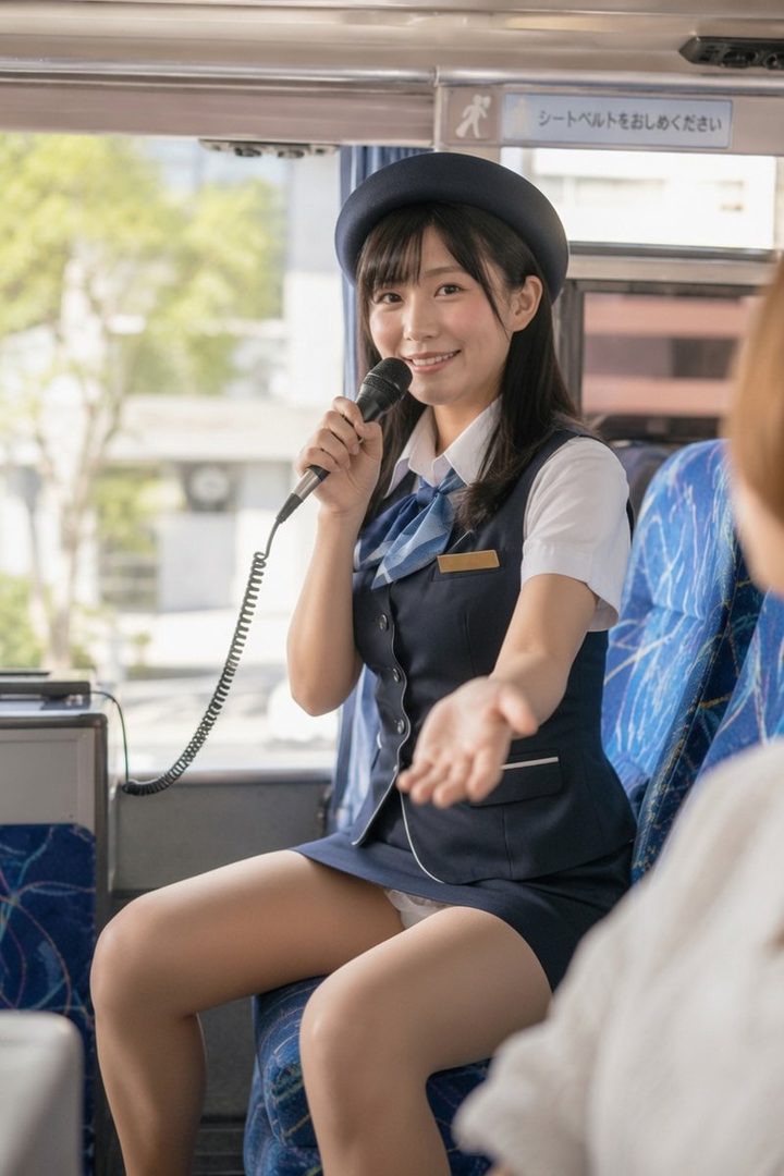 A smiling young woman in a bus uniform holds a microphone and gestures to passengers.
