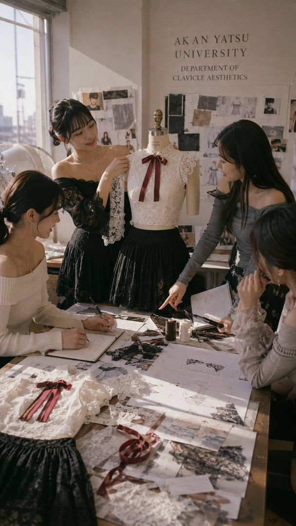 Four young women in a studio setting, working on fashion designs, with a mannequin displaying a lace top and skirt.