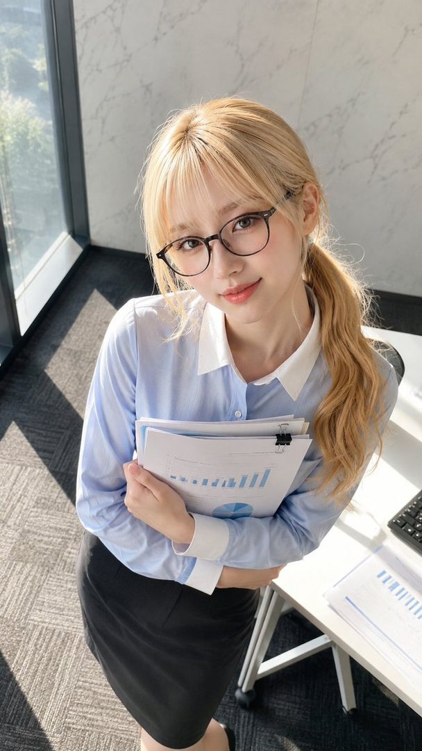 A young woman with blonde hair in a ponytail, wearing glasses, a light blue blouse, and a black skirt, holds papers with charts and graphs in an office setting.