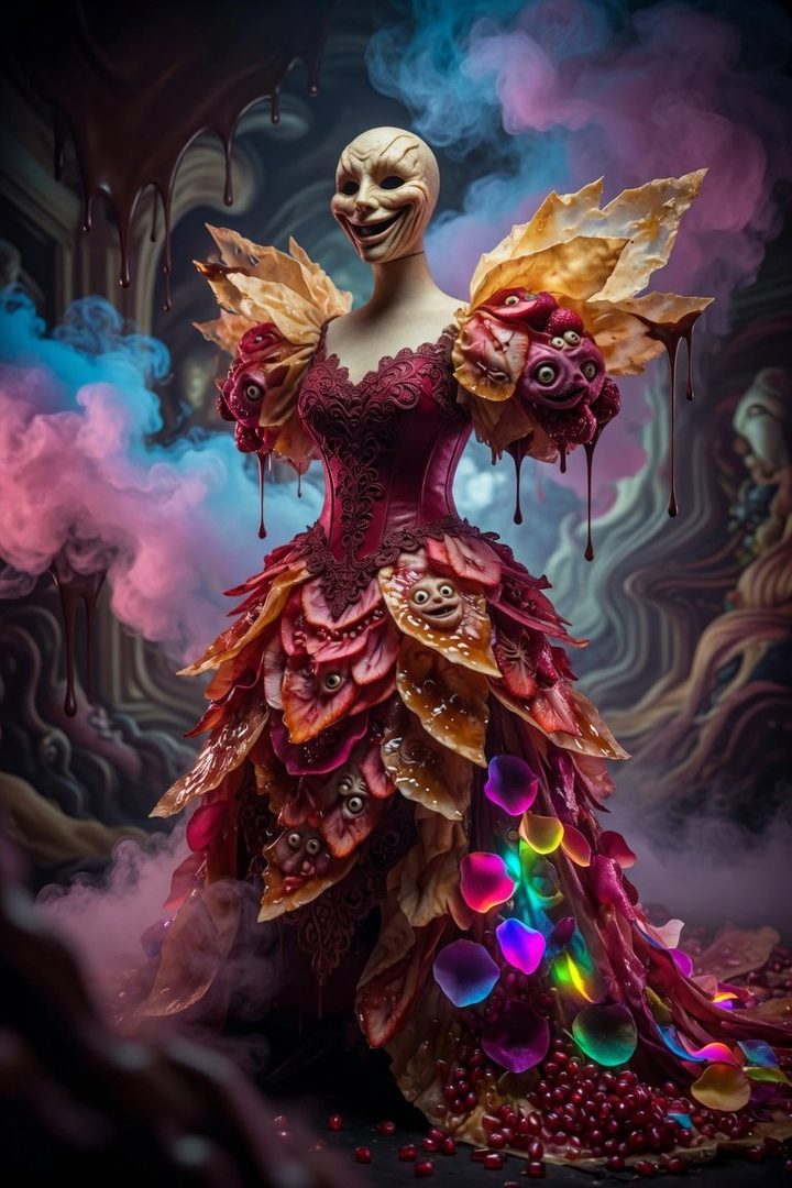 A surreal AI-generated portrait of a mannequin wearing a grotesque, food-themed gown with eyes and fruit elements, set against a smoky, colorful background.