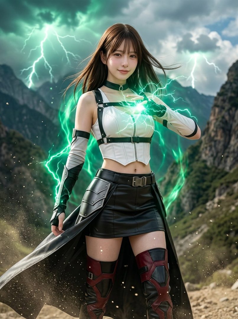 A woman cosplaying as Tifa Lockhart from Final Fantasy, standing in a mountain landscape with green lightning effects around her hands and in the sky.