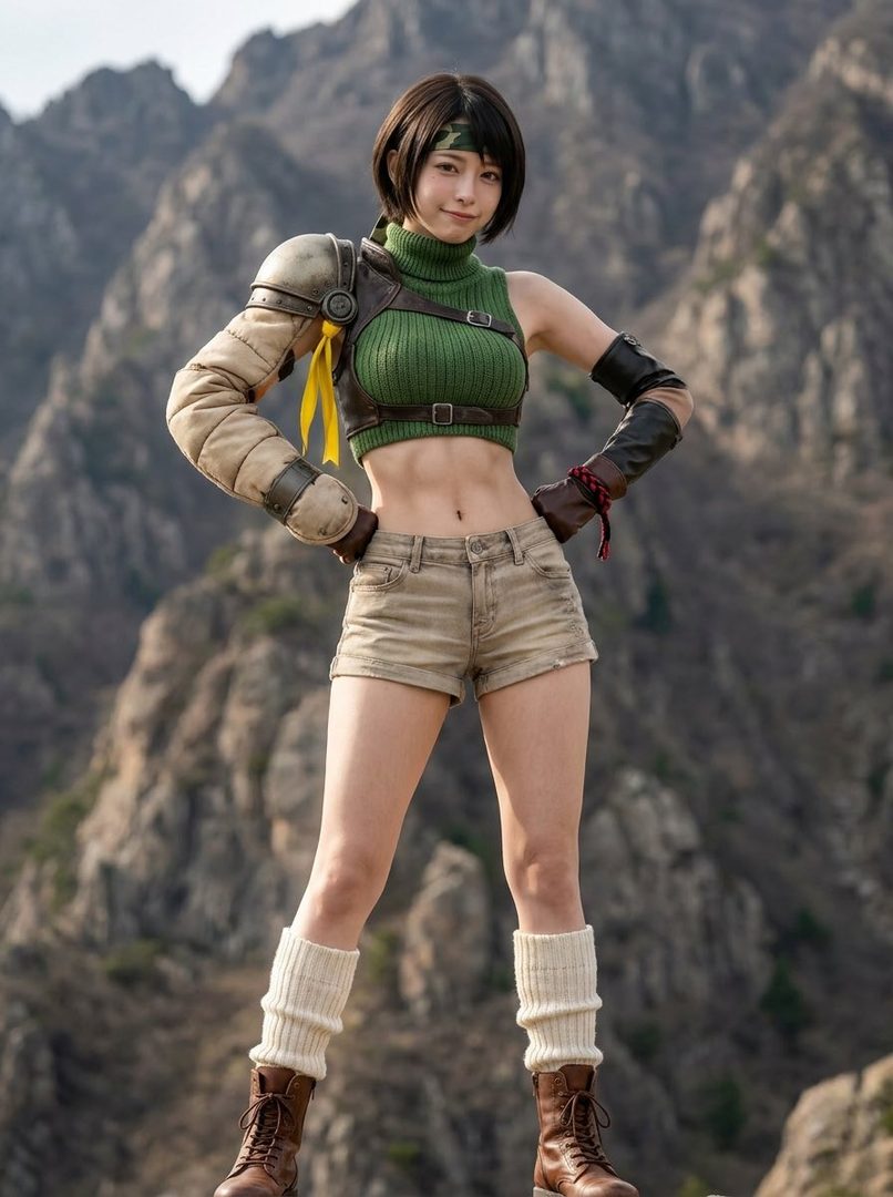 A woman in a cosplay outfit, featuring a green crop top, denim shorts, and combat boots, stands confidently against a mountainous backdrop.