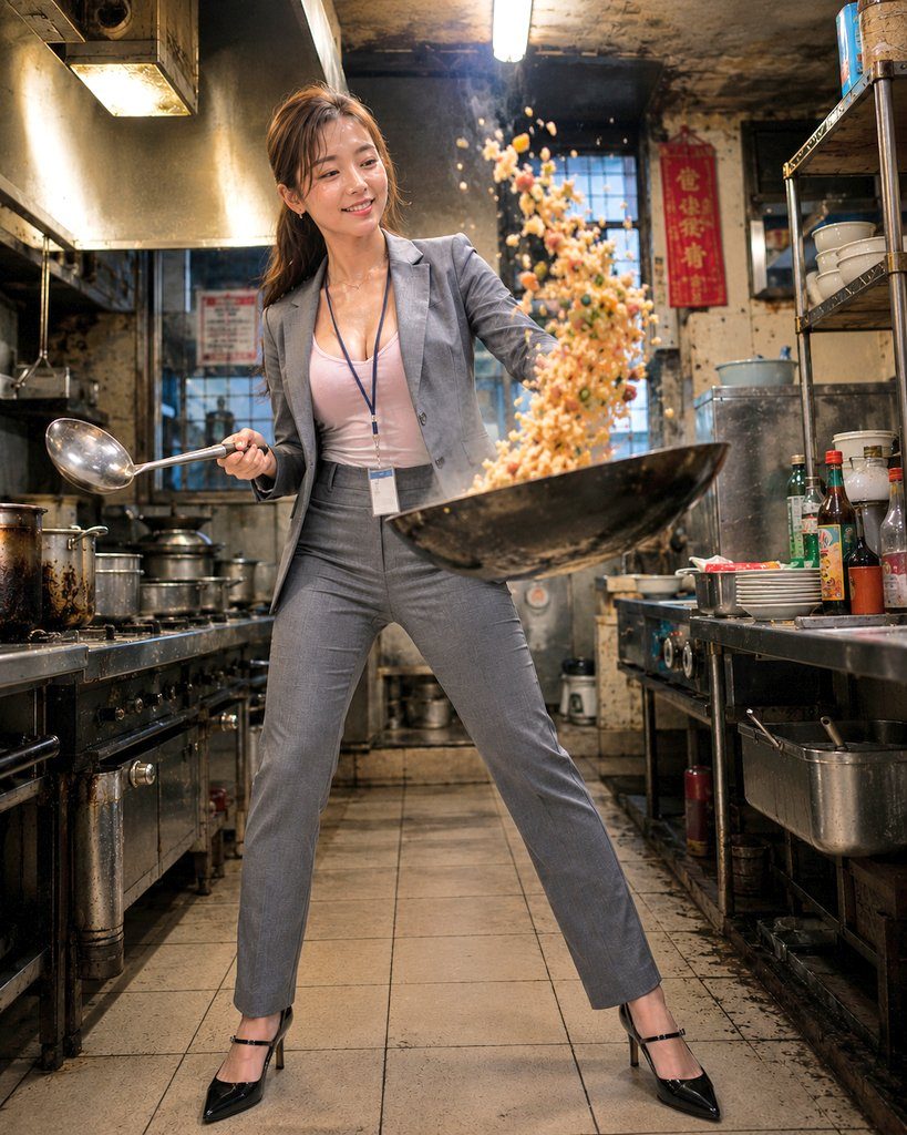 A woman in a grey suit and pink top is cooking in a professional kitchen, tossing food in a wok.