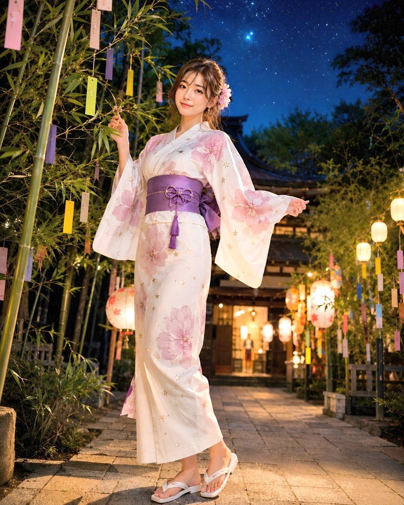 A beautiful Japanese woman in a white and pink floral yukata stands outdoors at night, with bamboo, lanterns, and star-filled sky.