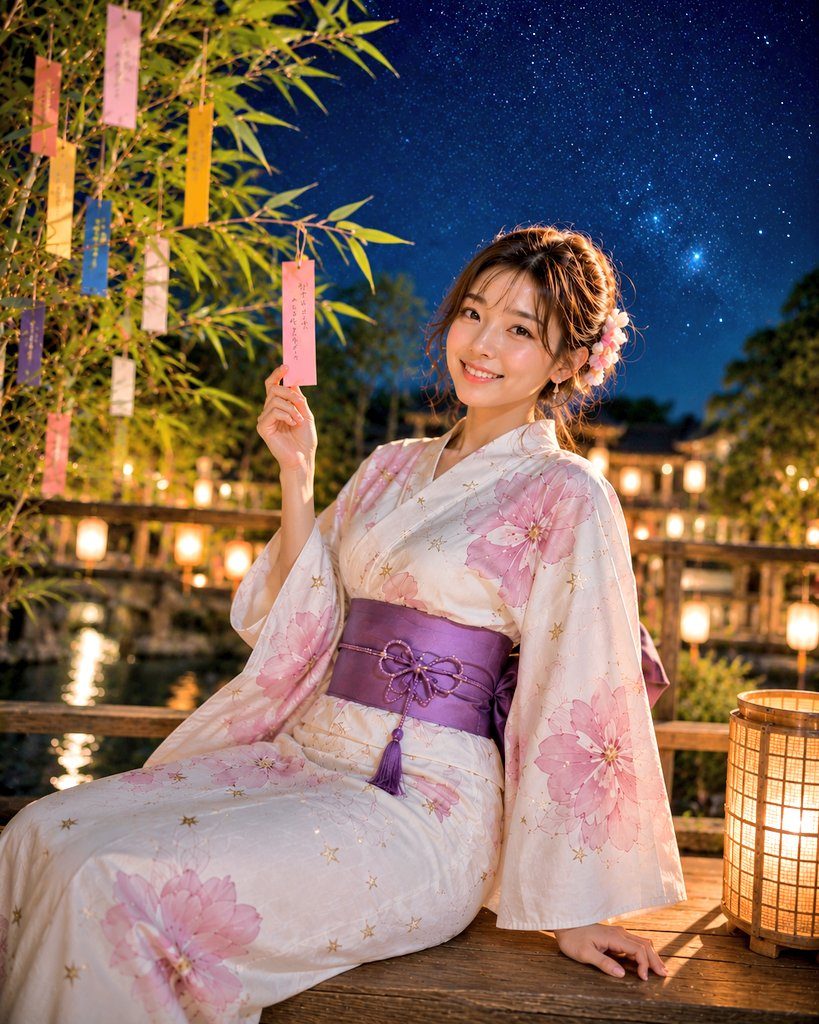 A beautiful Japanese woman in a pink floral yukata smiles under a starry night sky, holding a tanzaku wish paper.
