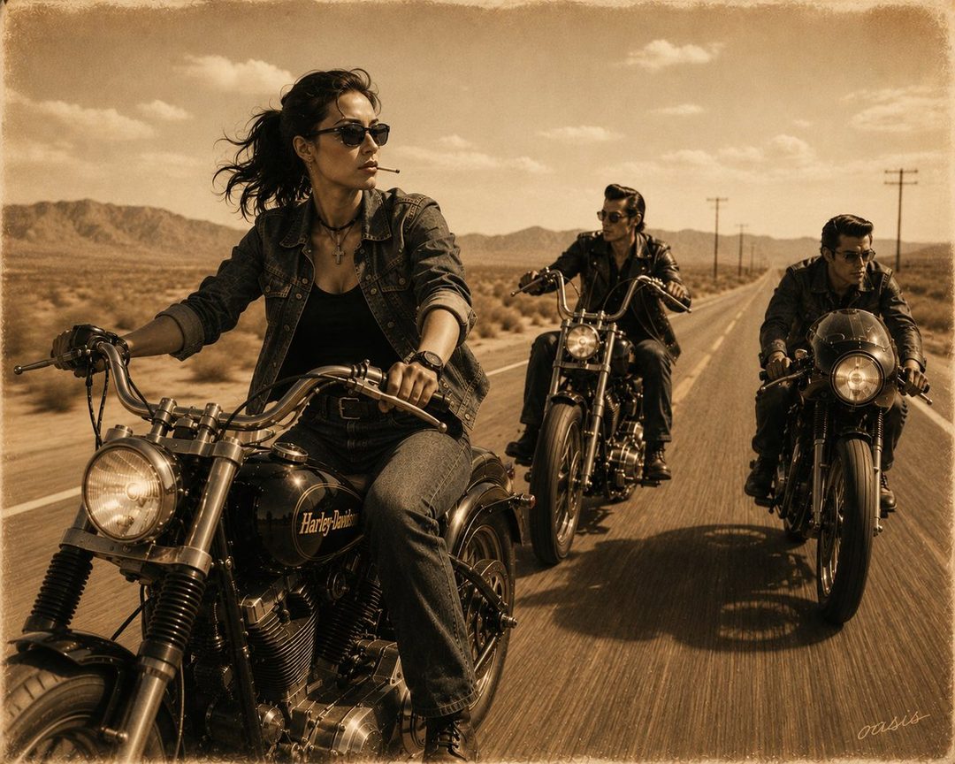 Three people riding motorcycles on a desert highway, sepia toned.