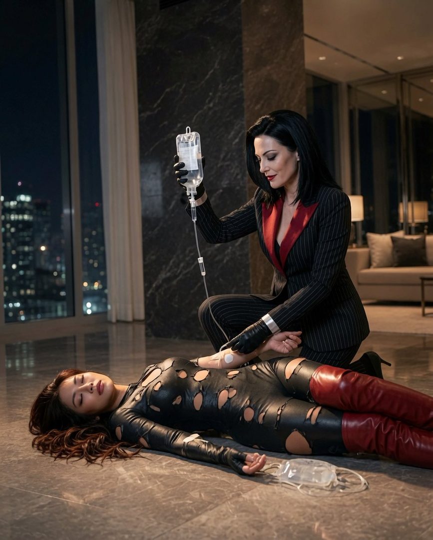 A woman in a black pinstripe suit with red lapels administers an IV drip to another woman lying on the floor in a torn black outfit and red leather boots, in a luxurious penthouse at night.