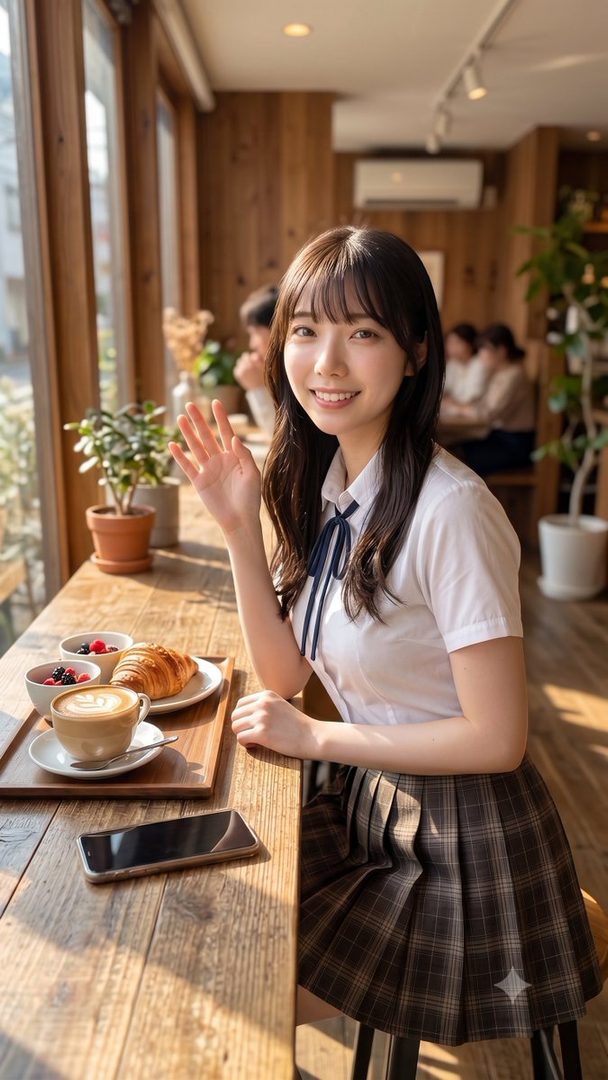 A young Japanese woman in a school uniform smiles and waves while sitting at a cafe table with coffee and a croissant.