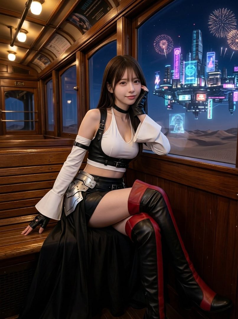 A woman cosplaying as Tifa Lockhart from Final Fantasy, sitting in a train car with a futuristic city and fireworks visible outside the window.