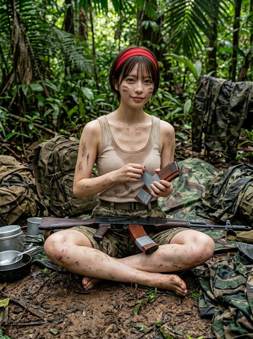 A young woman with a red headband and military attire sits cross-legged in a jungle setting, holding rifle magazines.