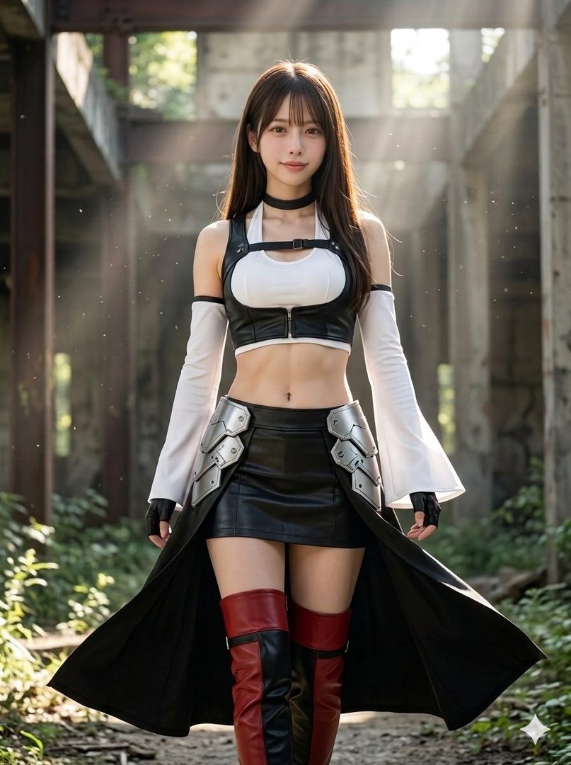 A woman cosplaying as Tifa Lockhart from Final Fantasy VII stands in an abandoned building, wearing her iconic black and white outfit with red and black boots.