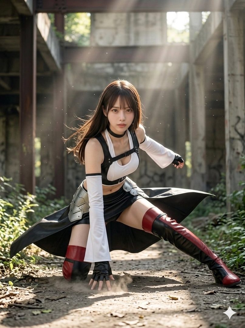 A woman cosplaying as Tifa Lockhart from Final Fantasy VII kneels in an abandoned building with sunbeams shining through.