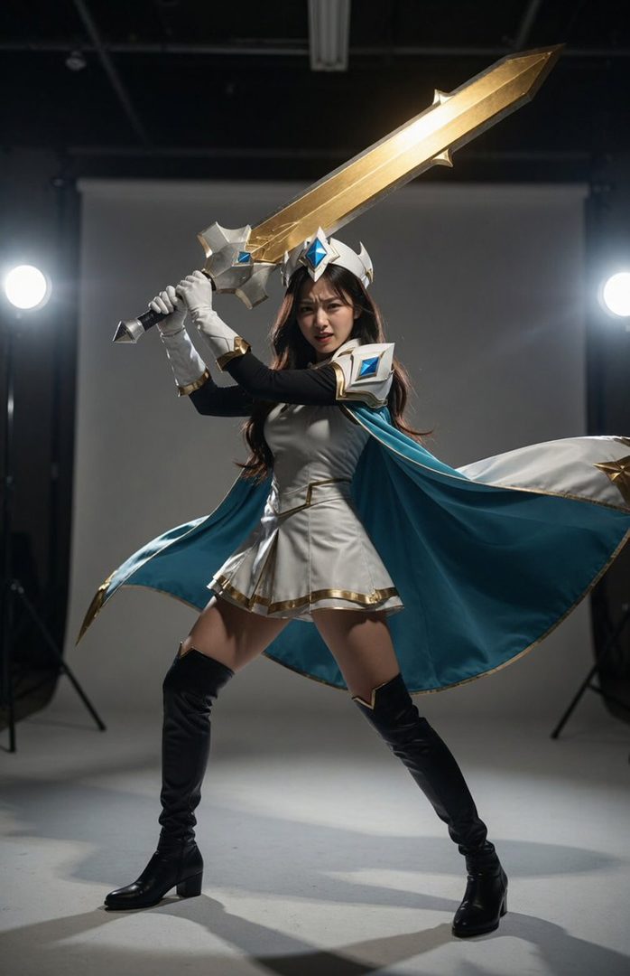 A woman in a white and blue cosplay costume with a crown and a large golden sword poses heroically in a studio setting.