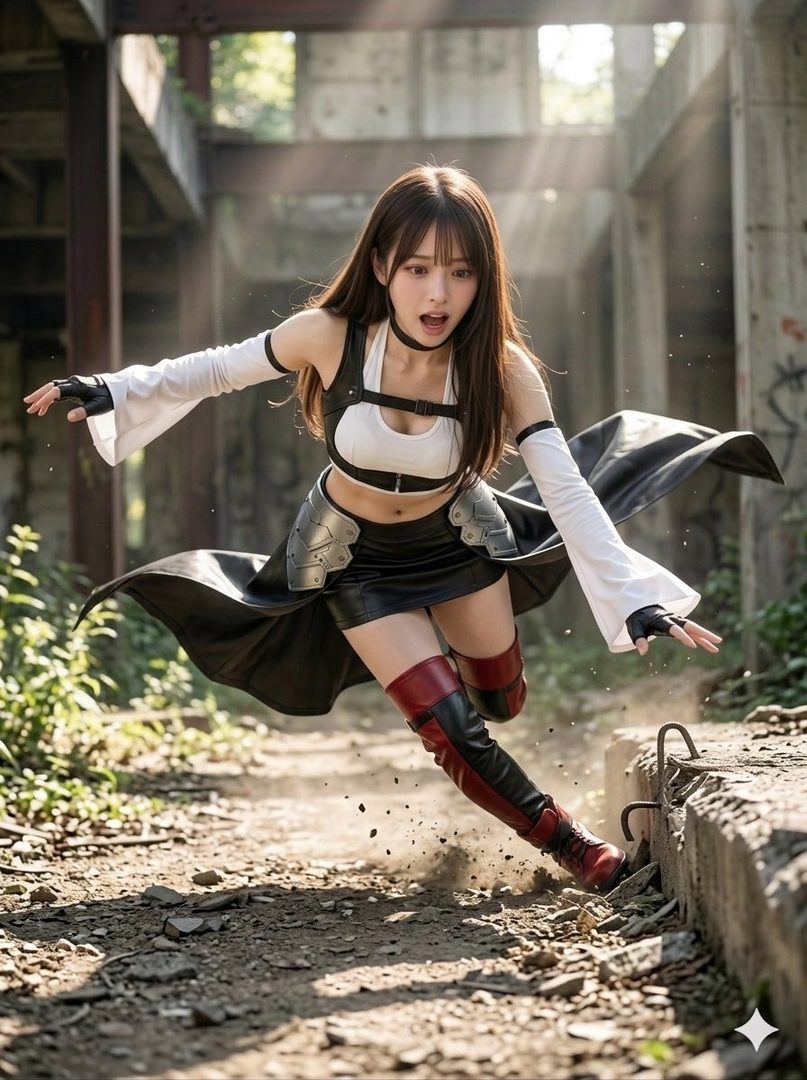 A woman cosplaying as Tifa Lockhart from Final Fantasy VII is captured in a dynamic pose, running through a ruined, overgrown building with debris scattering around her.