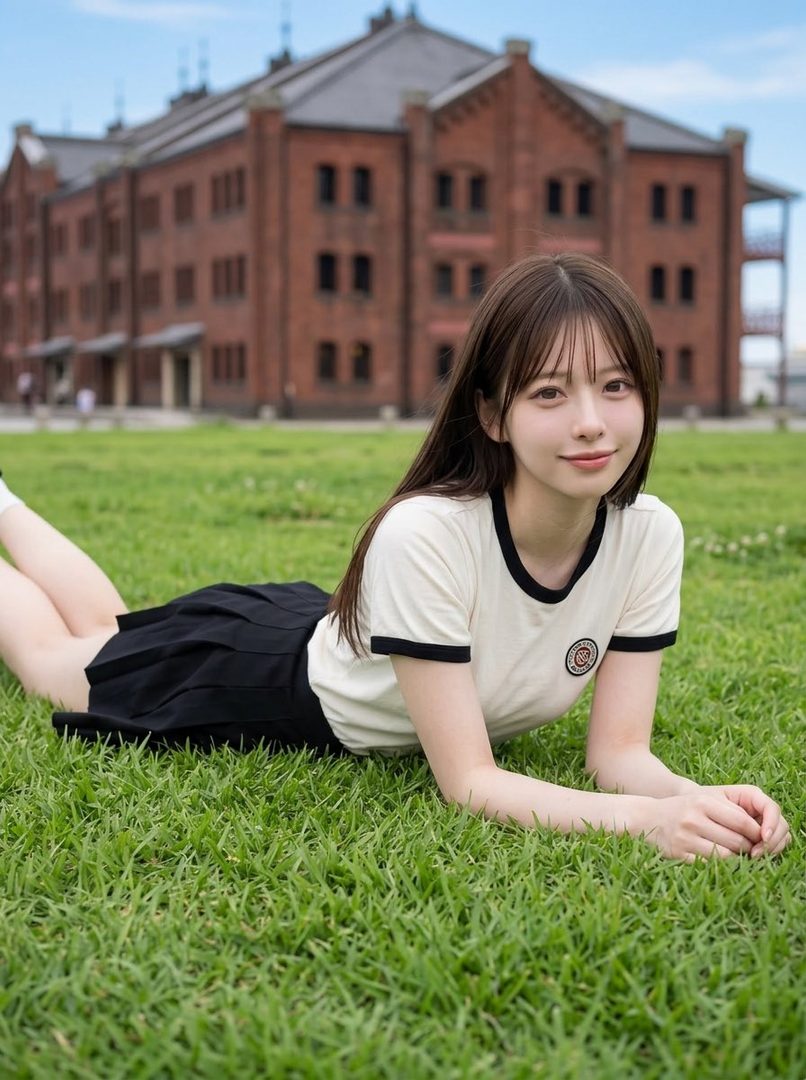 A young woman with long brown hair and bangs lies on green grass in front of a large brick building, wearing a white t-shirt with black trim and a black pleated skirt.