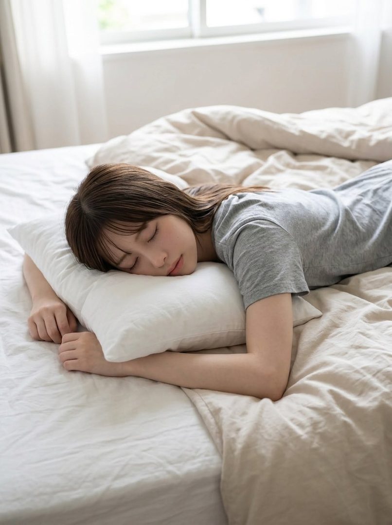 A young woman with brown hair is peacefully sleeping on a bed with white sheets and a beige duvet, wearing a grey t-shirt.