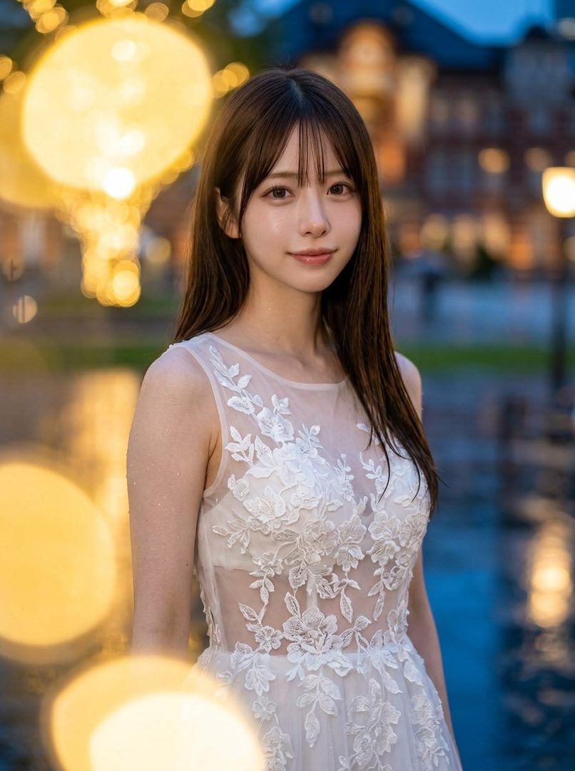 A beautiful woman with long brown hair wears a white lace dress, standing on a city street at night with bokeh lights in the background.