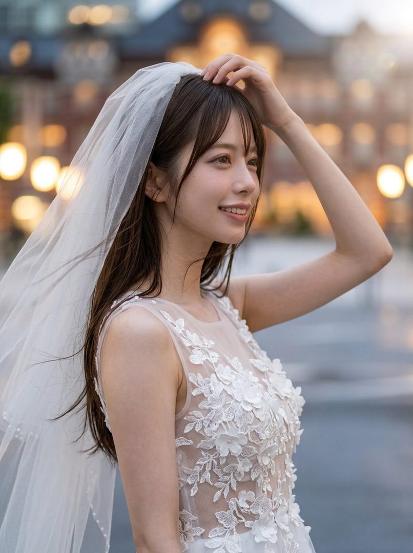 A beautiful woman in a white lace wedding dress and veil smiles while posing outdoors in an urban setting with blurred lights in the background.