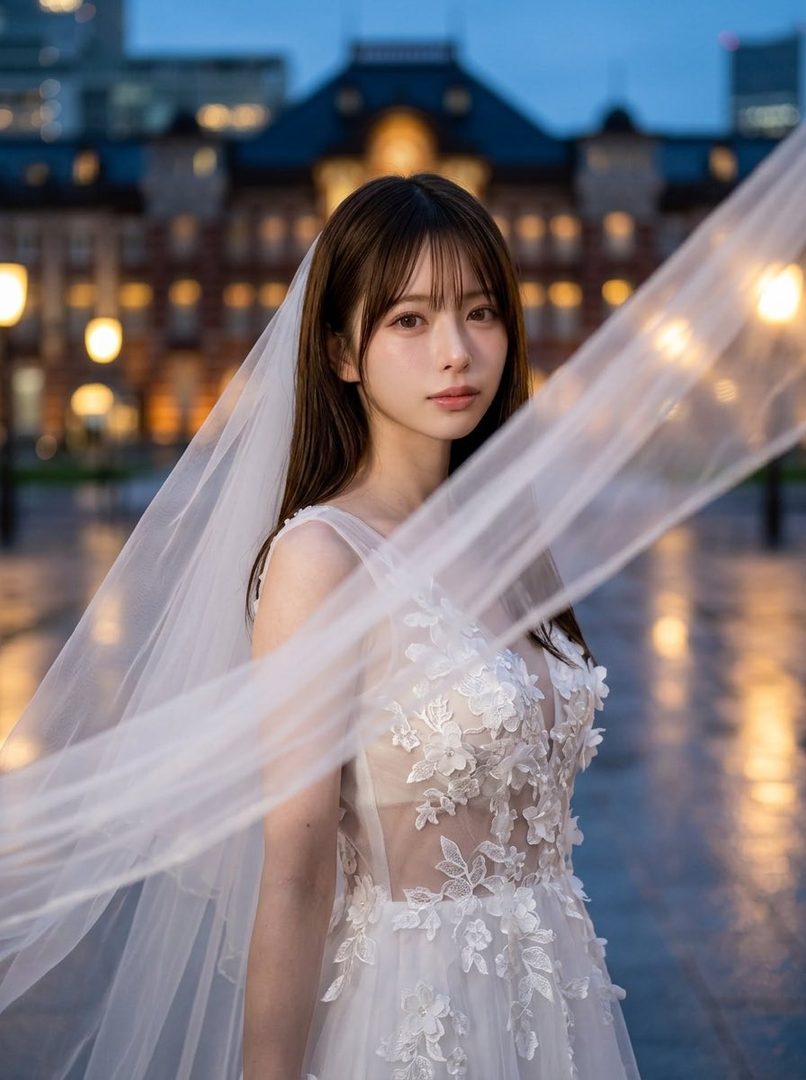 A woman in a white wedding dress and veil stands outdoors at dusk with city lights in the blurred background.