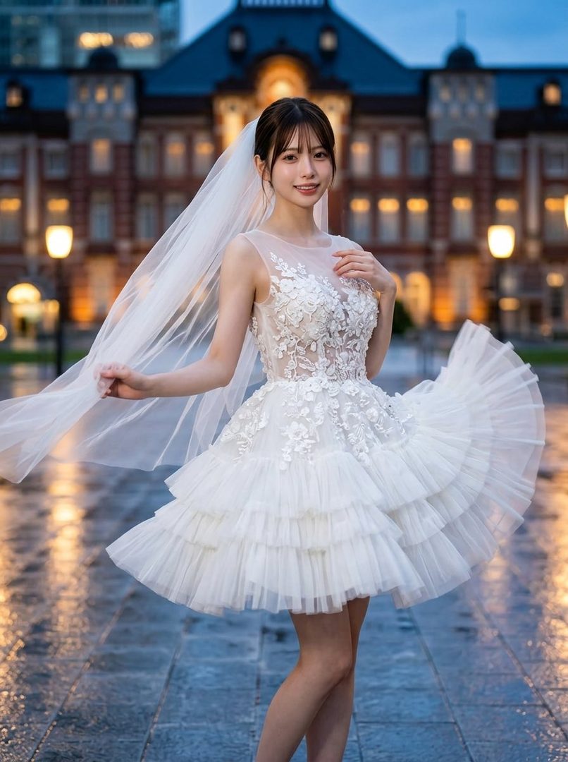 A beautiful woman in a short white wedding dress and veil smiles brightly on a city street at dusk, with a historic building in the background.