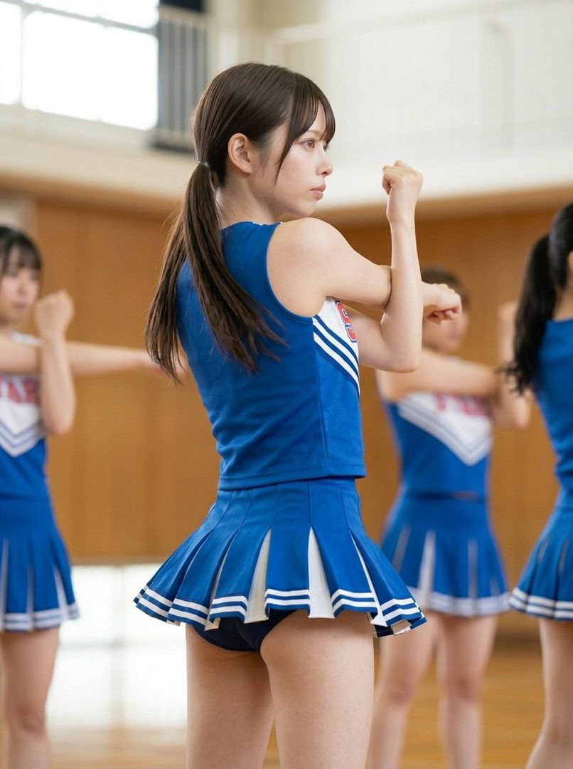 A young woman in a blue and white cheerleader uniform with a ponytail is stretching in a gym, viewed from behind.
