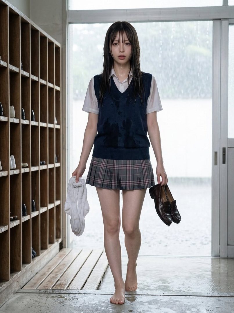 A young woman in a wet school uniform stands barefoot in a school hallway, holding her socks and loafers, looking distressed from the rain.