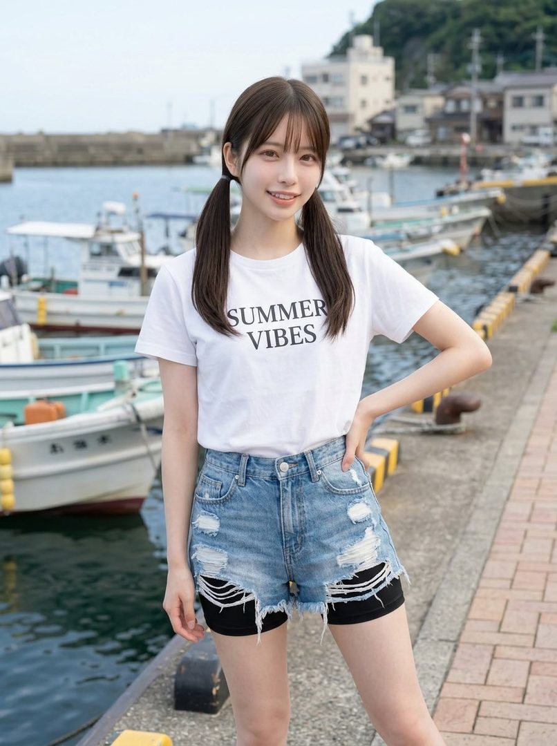 A young woman with dark brown pigtails and bangs smiles while standing at a harbor, wearing a white t-shirt, ripped denim shorts, and black cycling shorts.