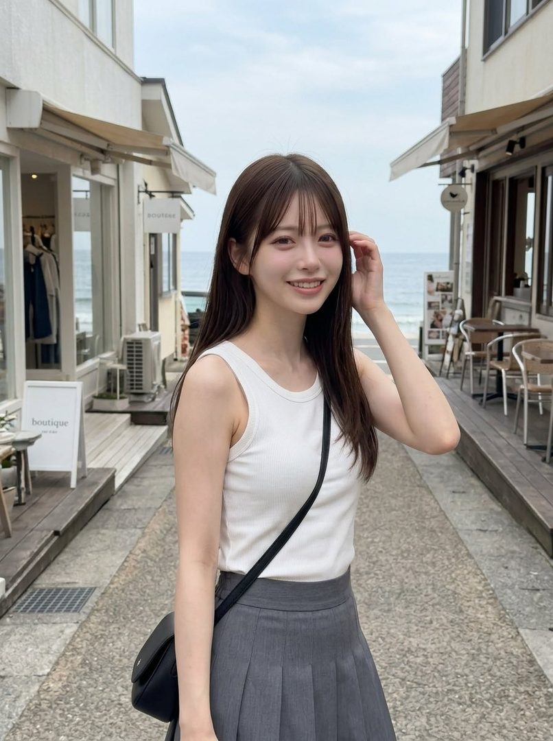 A smiling woman with long brown hair and bangs, wearing a white tank top and grey pleated skirt, stands on an outdoor street with boutique storefronts and the ocean in the background.