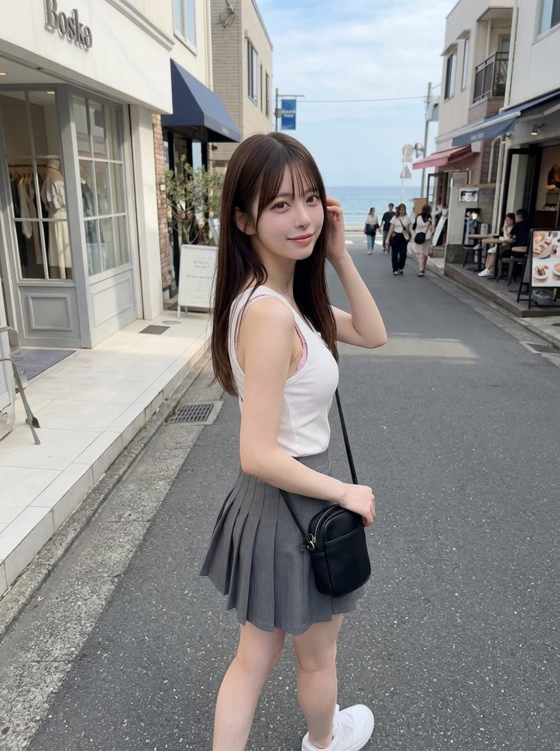 A young woman with long brown hair and bangs, wearing a white tank top and a grey pleated skirt, stands on a street with shops and the ocean in the background.