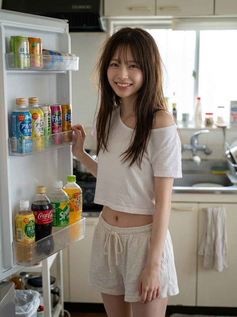A young woman with long brown hair and bangs, wearing a white crop top and light shorts, smiles while opening a refrigerator in a bright kitchen.
