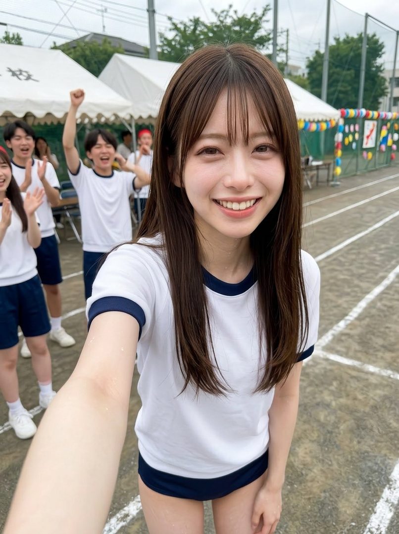 A young woman in a Japanese school sports uniform takes a selfie with a cheerful expression on a sports field.