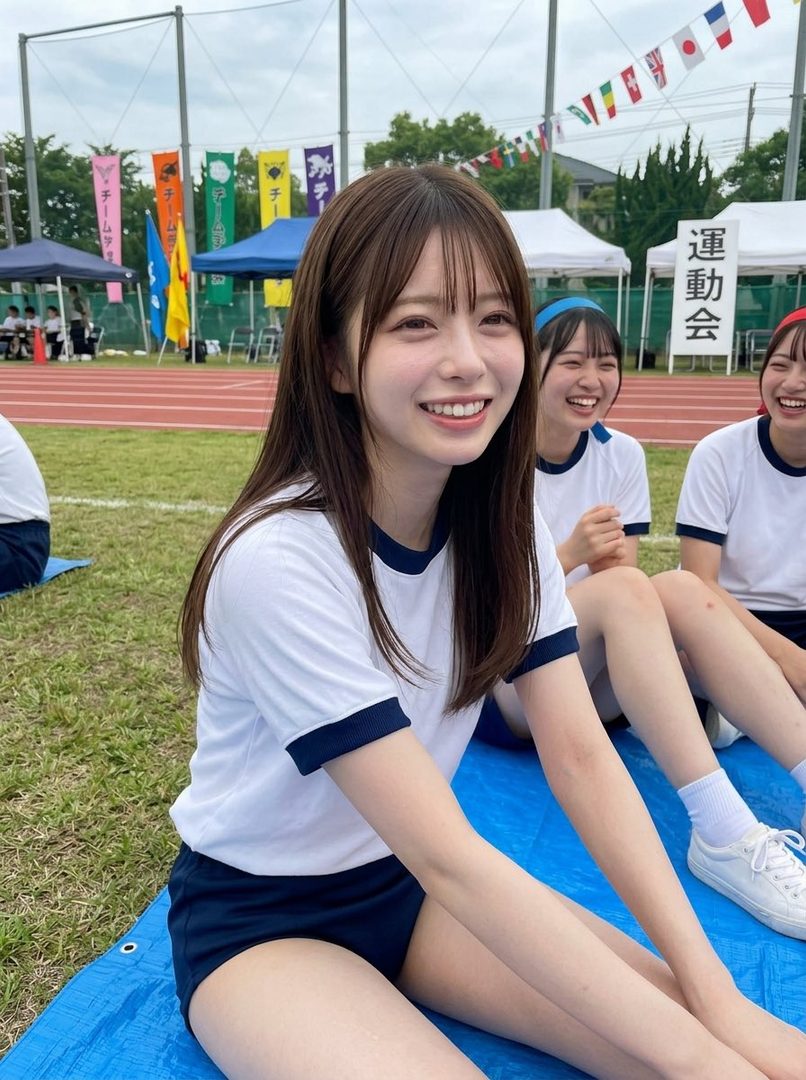 A young woman with long brown hair smiles brightly while sitting on a blue tarp at an outdoor sports event, wearing a white and navy gym uniform, with other people in similar uniforms in the background.