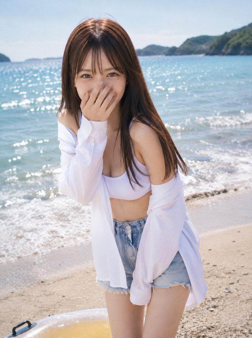 A young woman with long brown hair, wearing a white bikini top, denim shorts, and an unbuttoned white shirt, smiles shyly with her hand over her mouth on a sunny beach.