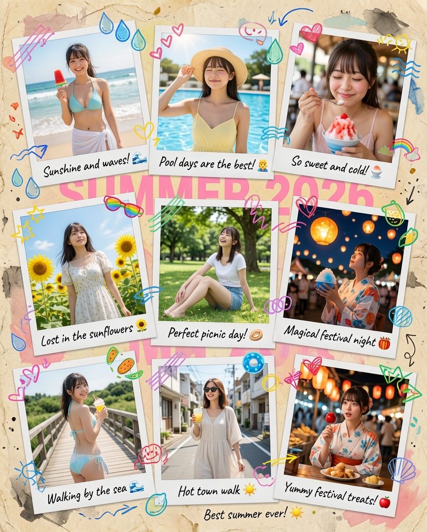 A collage of nine summer-themed photos featuring a young woman enjoying various activities like swimming, eating shaved ice, walking in a sunflower field, and attending a festival.