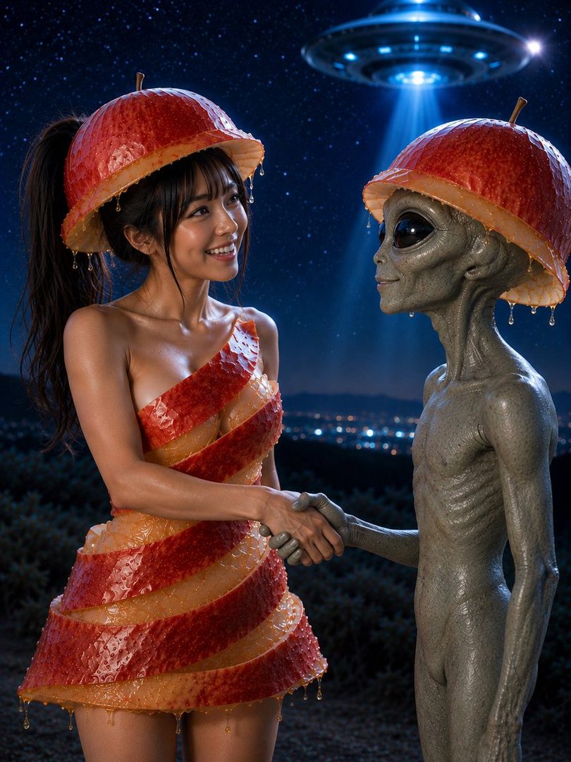 A woman in an apple peel dress and hat shakes hands with an alien, both wearing apple peel hats, under a starry night sky with a UFO.