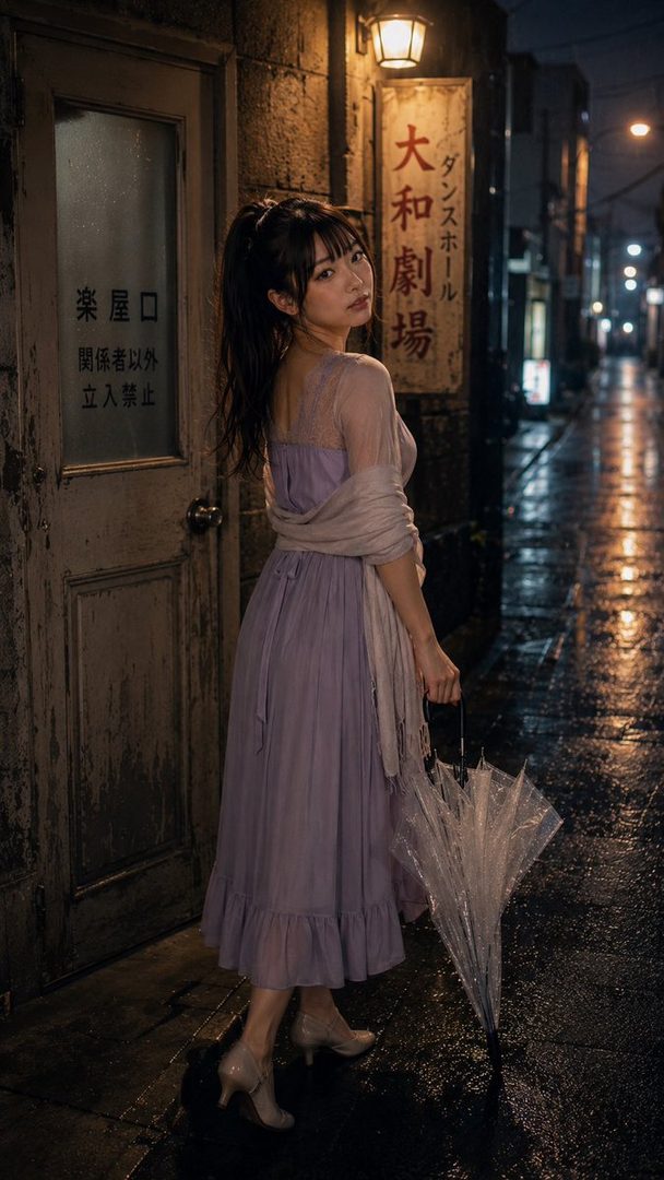 A woman in a lavender dress and shawl stands in a dimly lit, rainy alley at night, holding a clear umbrella and looking back over her shoulder.
