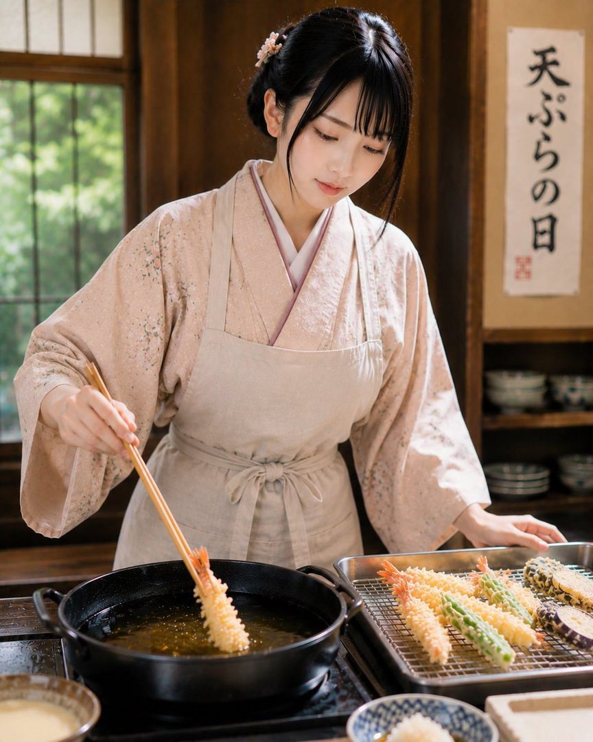 A young woman in a kimono and apron is carefully frying tempura in a traditional Japanese kitchen.