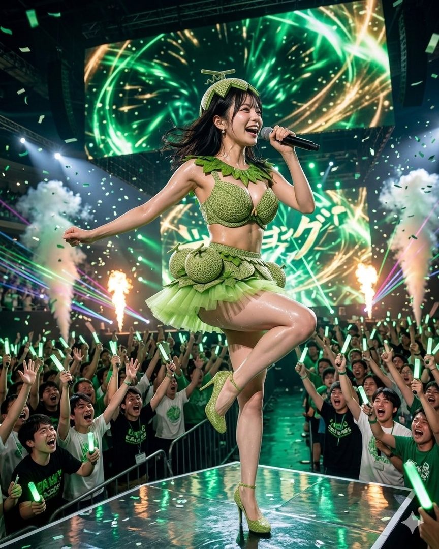 A vibrant AI-generated image of a woman in a melon-themed costume singing on stage at a concert, with a cheering crowd holding glow sticks.