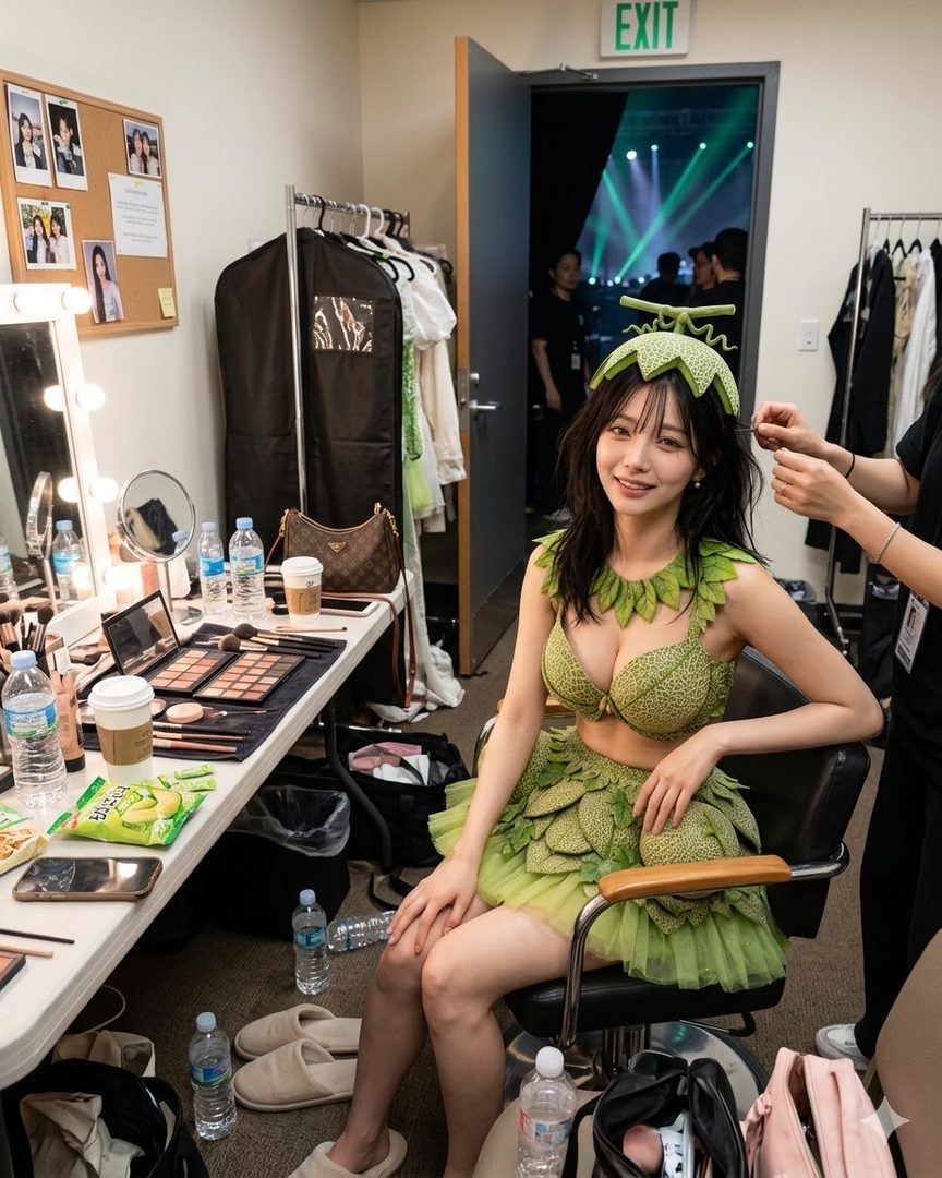 A woman in a green melon-themed costume, including a leaf bra and skirt, sits in a dressing room while someone adjusts her hair.