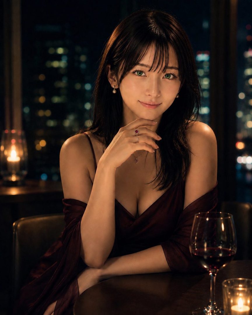 A beautiful woman with long dark hair and green eyes, wearing a burgundy dress, sits at a table with a glass of red wine, with a city night view in the background.