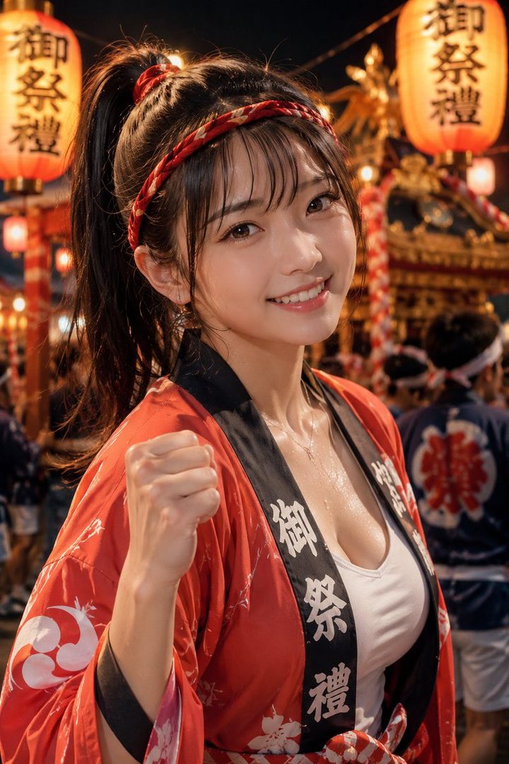 A smiling woman with dark hair in a ponytail and a red braided headband wears a red festival kimono over a white undershirt, making a fist pump gesture at a night festival with glowing lanterns.