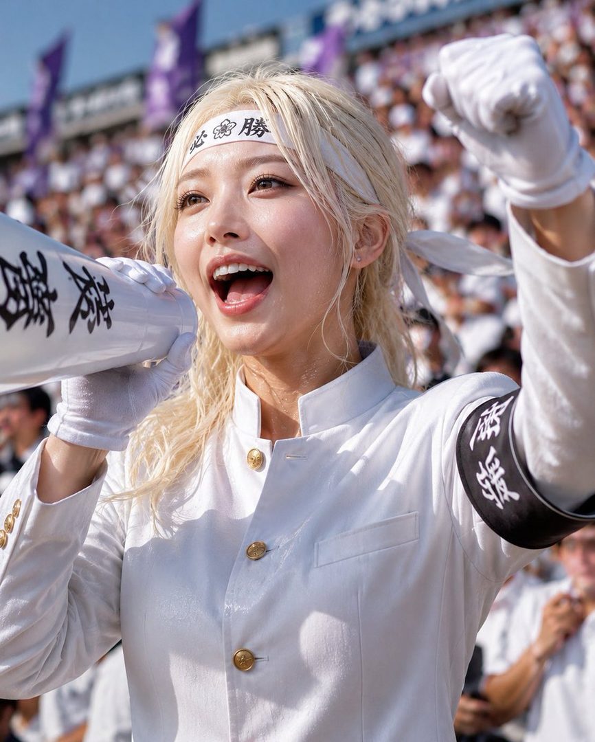 A blonde woman in a white Japanese school uniform and headband, holding a megaphone and cheering enthusiastically at a sports stadium.