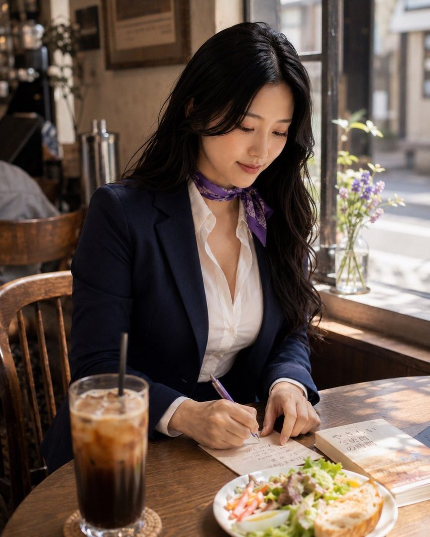 A woman with long black hair, wearing a navy suit and a purple scarf, is writing at a cafe table with iced coffee and a salad.