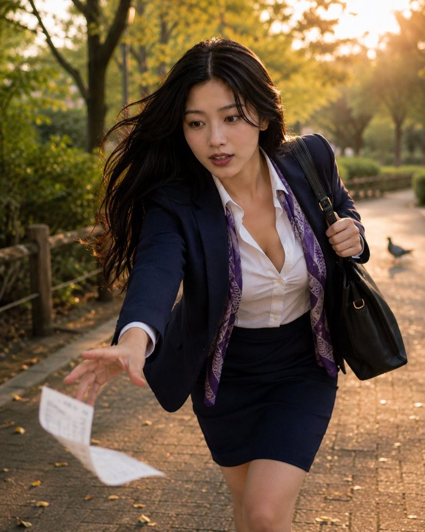 A young woman with long black hair, dressed in a navy blazer, white shirt, and mini skirt, reaches out to catch a piece of paper flying in the wind on a sunlit park path.