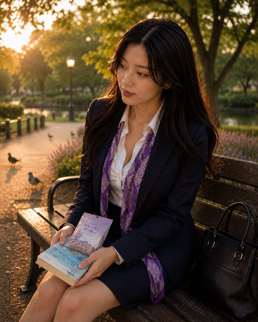 A young woman with long black hair sits on a park bench during golden hour, holding a book and a snack, wearing a dark suit and a purple scarf.