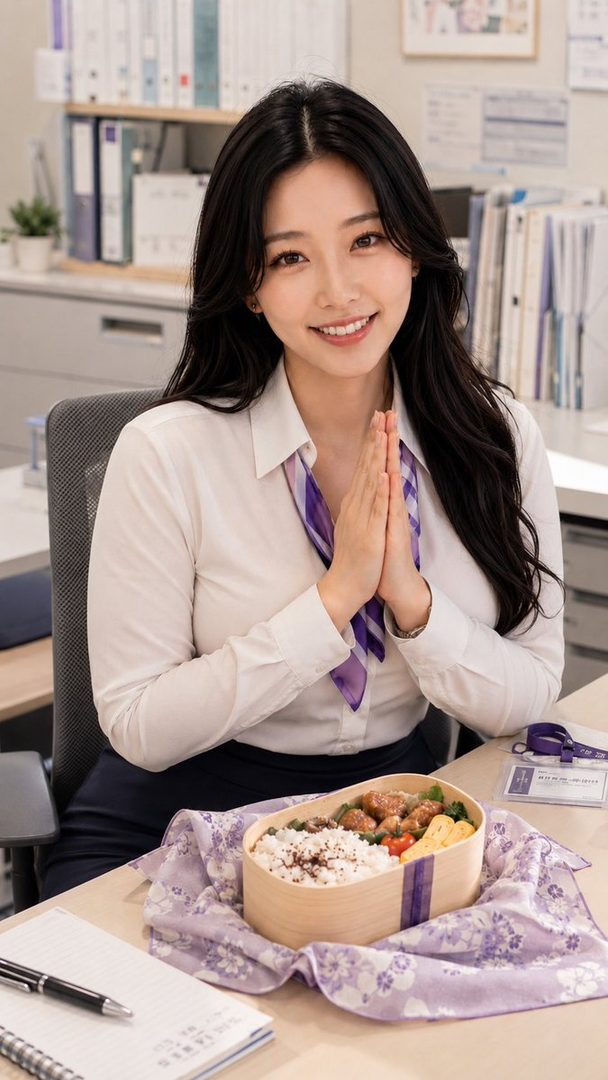 A smiling woman with long black hair, wearing a white shirt and purple scarf, sits at an office desk with a bento box in front of her, hands clasped in a prayer-like gesture.