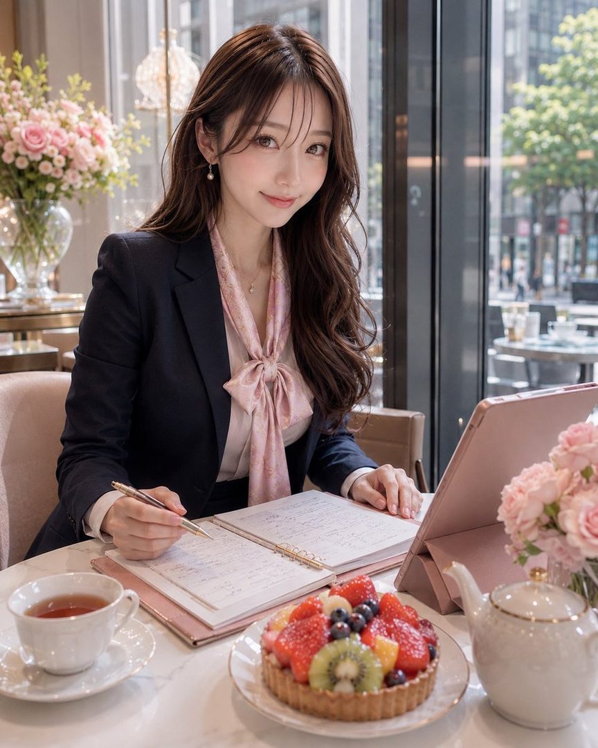 A beautiful woman in a business suit and pink scarf is writing in a notebook at a cafe table with a fruit tart and tea.
