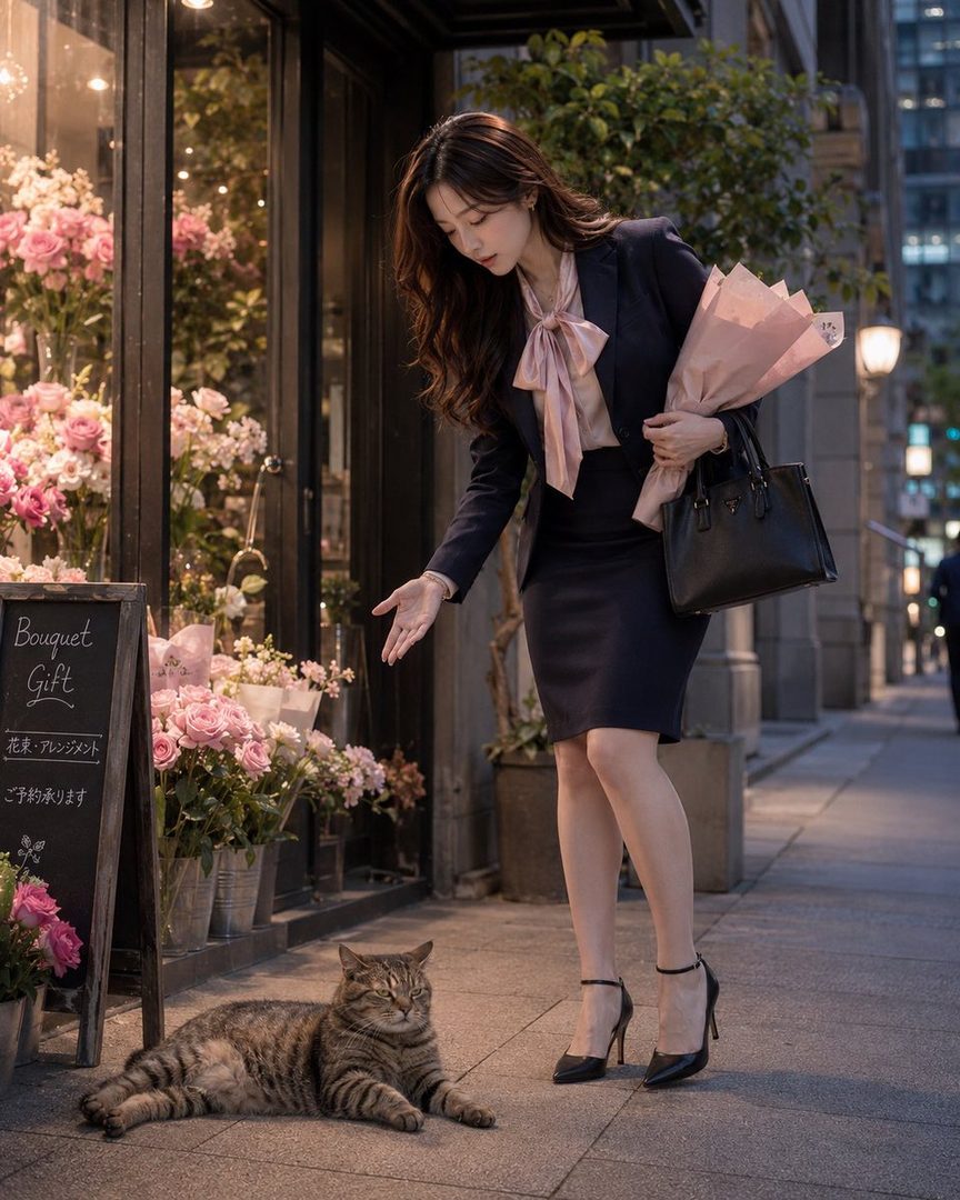 A woman in a dark business suit with a pink bow blouse and black high heels interacts with a tabby cat outside a flower shop on a city street in the evening.